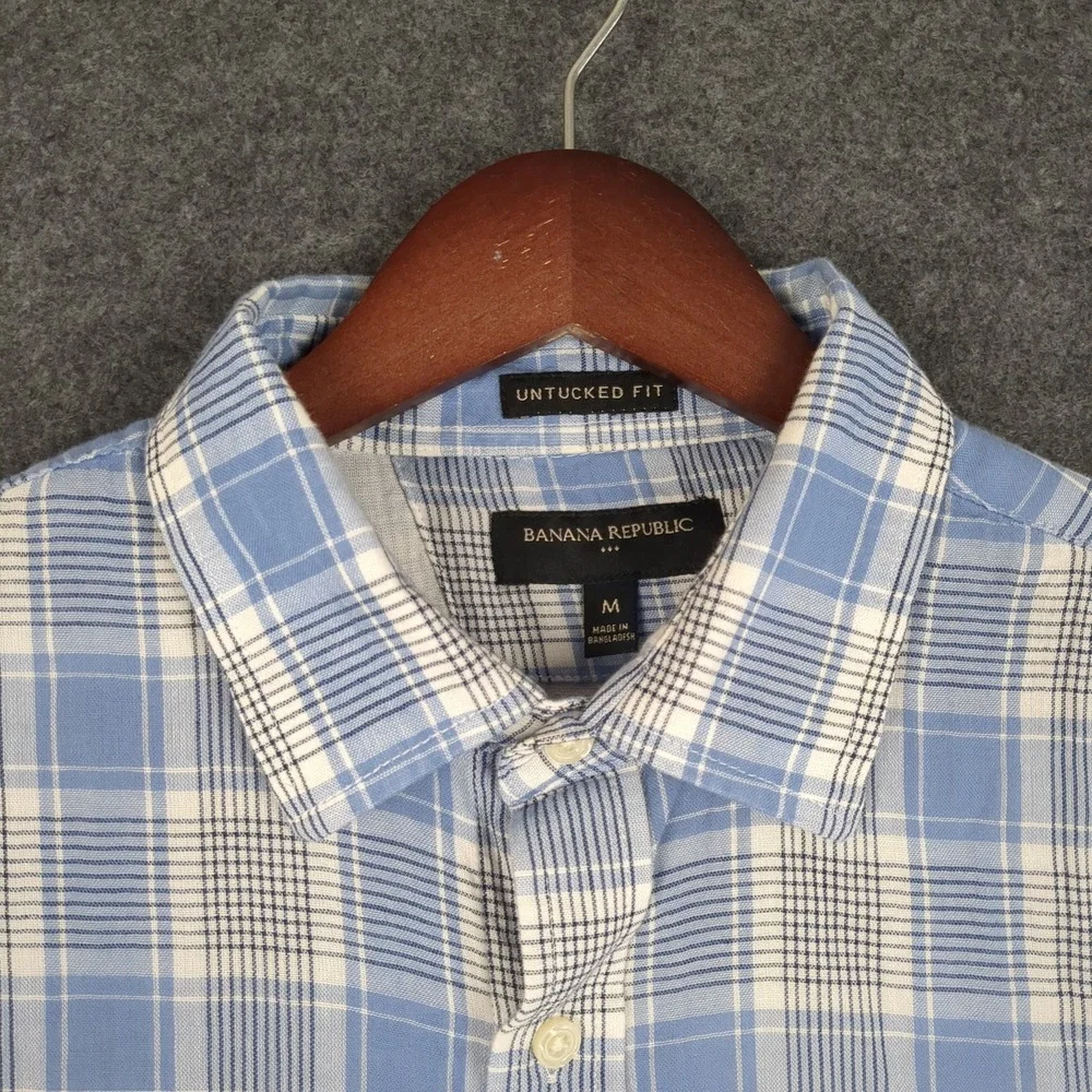 Banana‎ Republic Mens M Untucked Fit Plaid Blue White Long Sleeve
